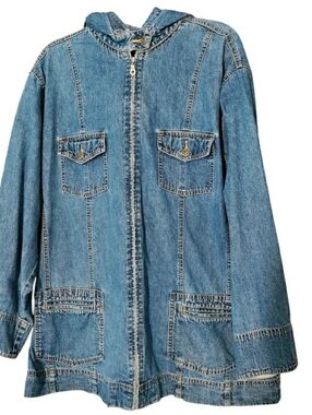 VTG 90s LA Blues Denim Barn Jacket With Hood Blue Jean Zip Up